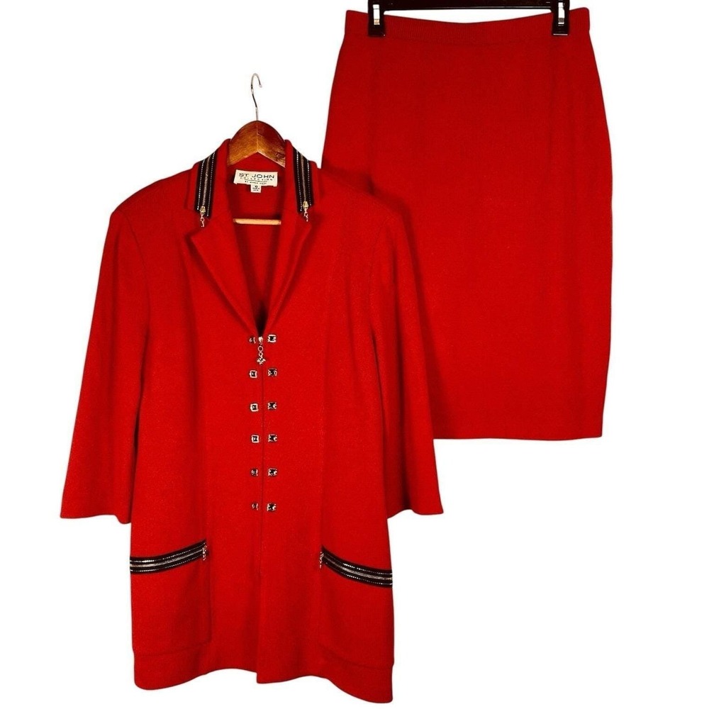 St John Collection 2-Piece Sz 10‎ Skirt Suit Red Santana Knit Set Classic Luxury